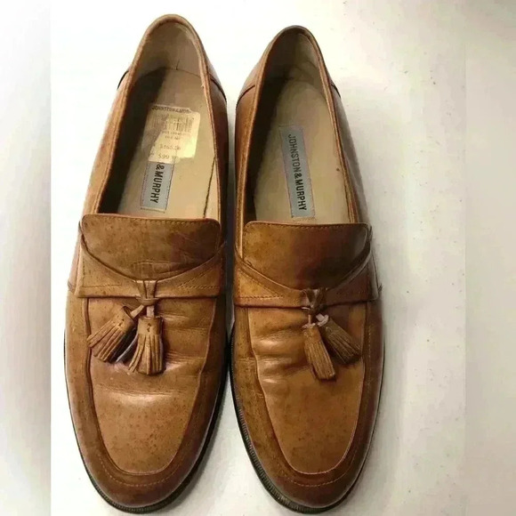 Johnston and Murphy Mens 10M Honey Tan Speckled Slip on Tasseled Leather Loafers - Picture 1 of 10